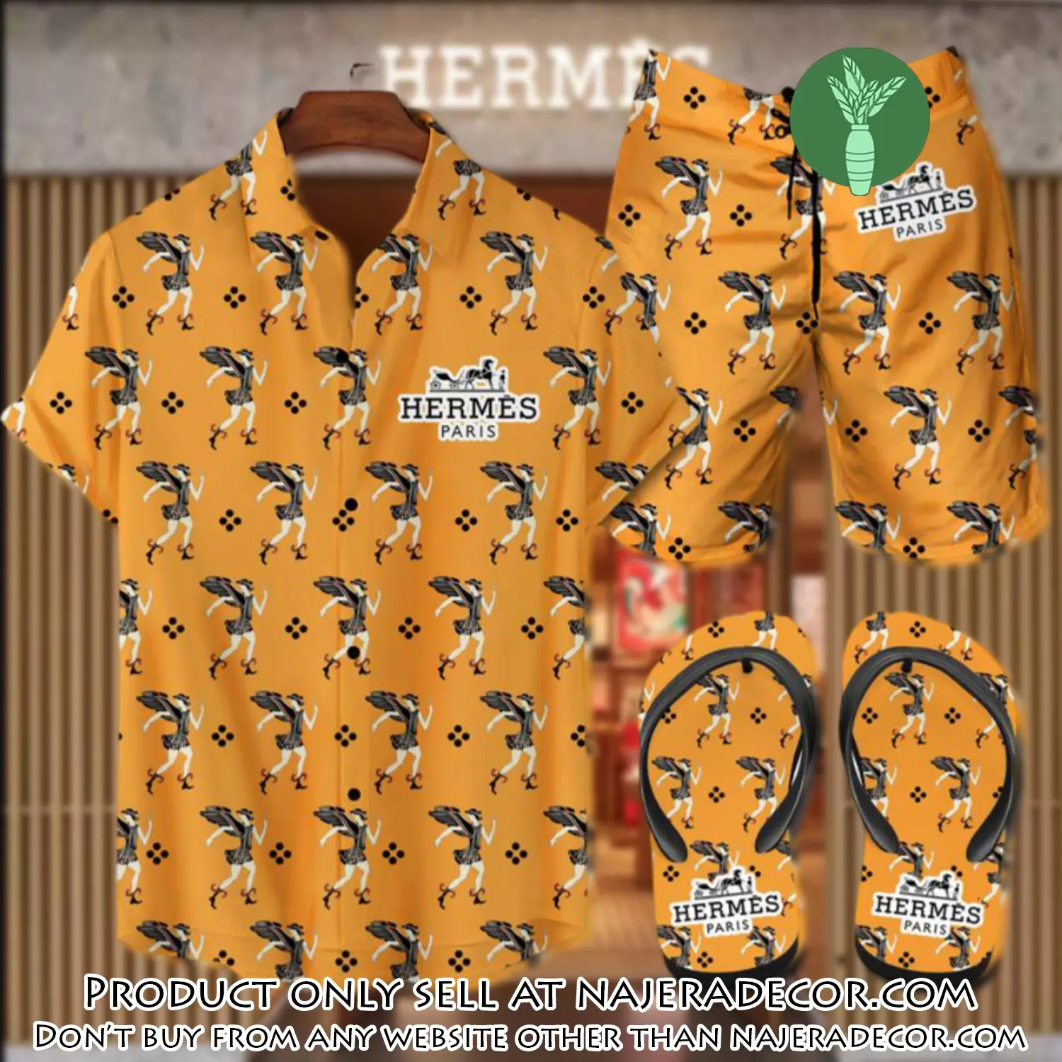 Hermes flip flops and combo hawaii shirt shorts luxury brand summer outfit hsf080 njr3118943